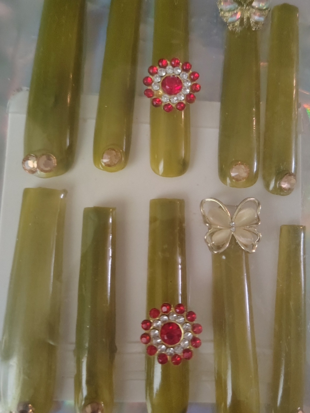 Olive Green Press-On Nails with Red Crystal Accents